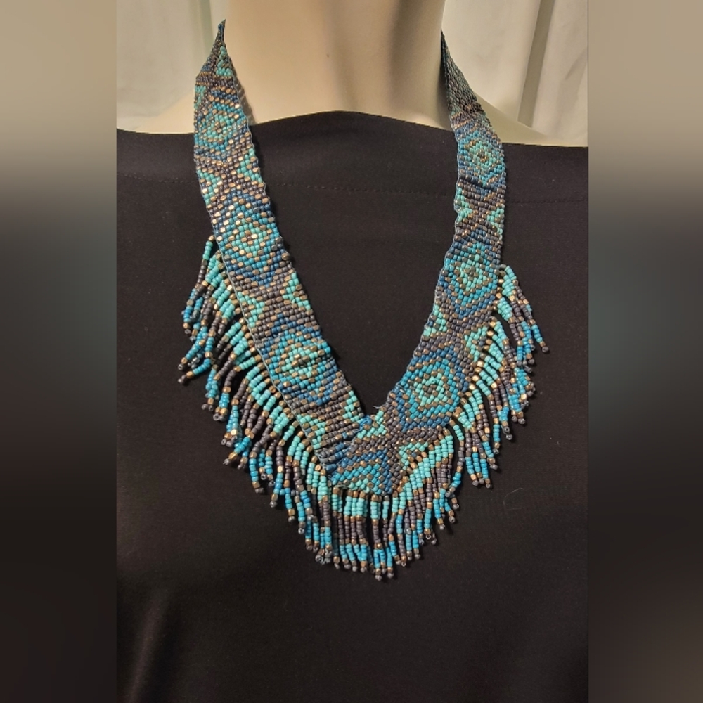 Native American Style Woven Turquoise And Bronze Bead Fringe Tribal Necklace - Picture 7 of 10